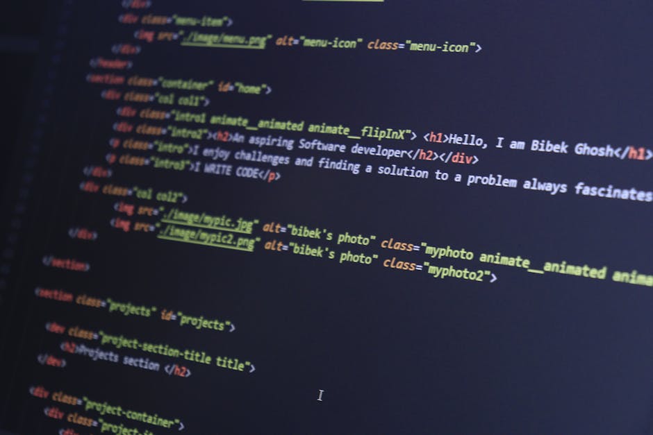 The image displays a close-up view of a computer screen showing lines of HTML code in a text editor. The code features various tags and attributes, with text in multiple colors such as blue, yellow, r